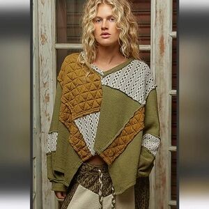 POL Olive green crochet Patchwork V-Neck oversized Sweater
